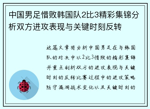 中国男足惜败韩国队2比3精彩集锦分析双方进攻表现与关键时刻反转