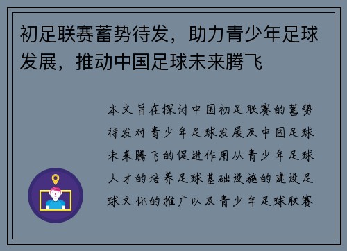 初足联赛蓄势待发，助力青少年足球发展，推动中国足球未来腾飞