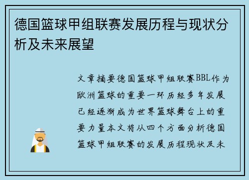 德国篮球甲组联赛发展历程与现状分析及未来展望